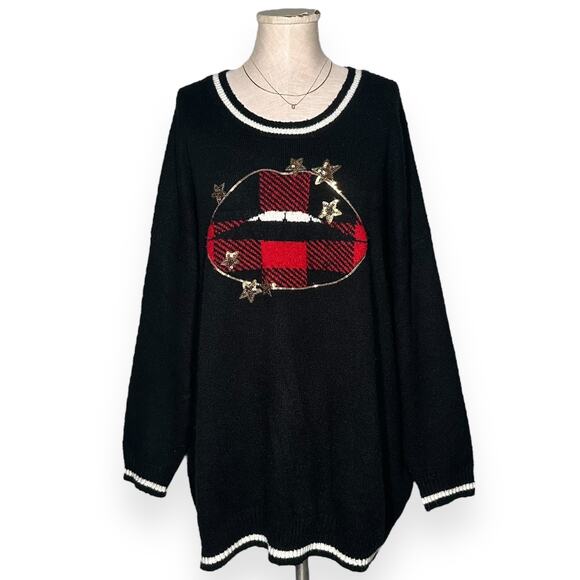 TORRID Oversized Festive Sparkle Holidays Sweater Gold Stars Sequins Lips Black - Picture 3 of 10